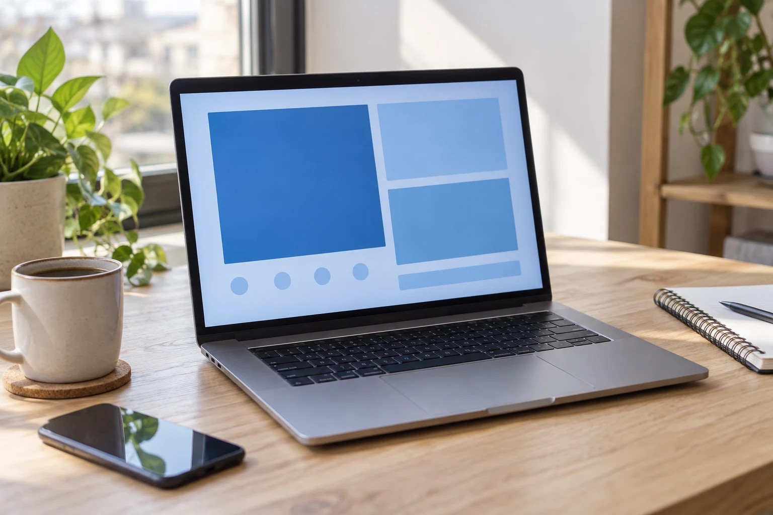 Ordinateur portable affichant maquette de page web sur bureau avec tasse et smartphone