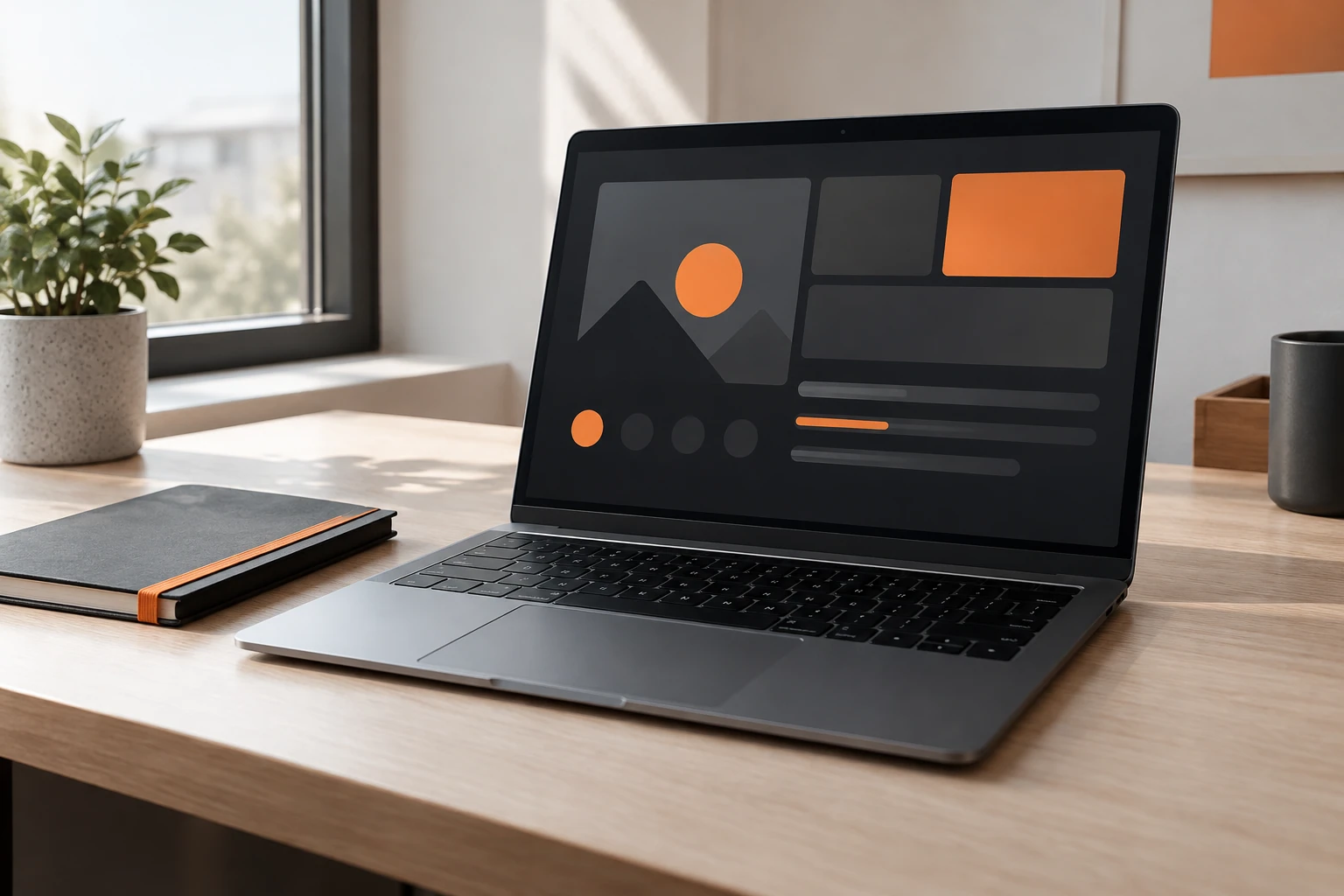 Ordinateur portable ouvert montrant une interface sombre avec accents orange sur bureau lumineux
