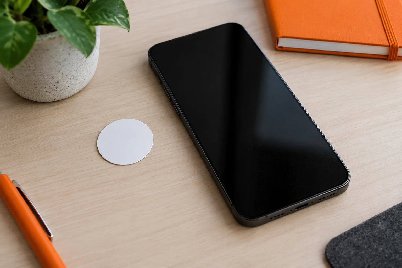 Smartphone noir posé près d'une pastille NFC blanche sur bureau en bois naturel