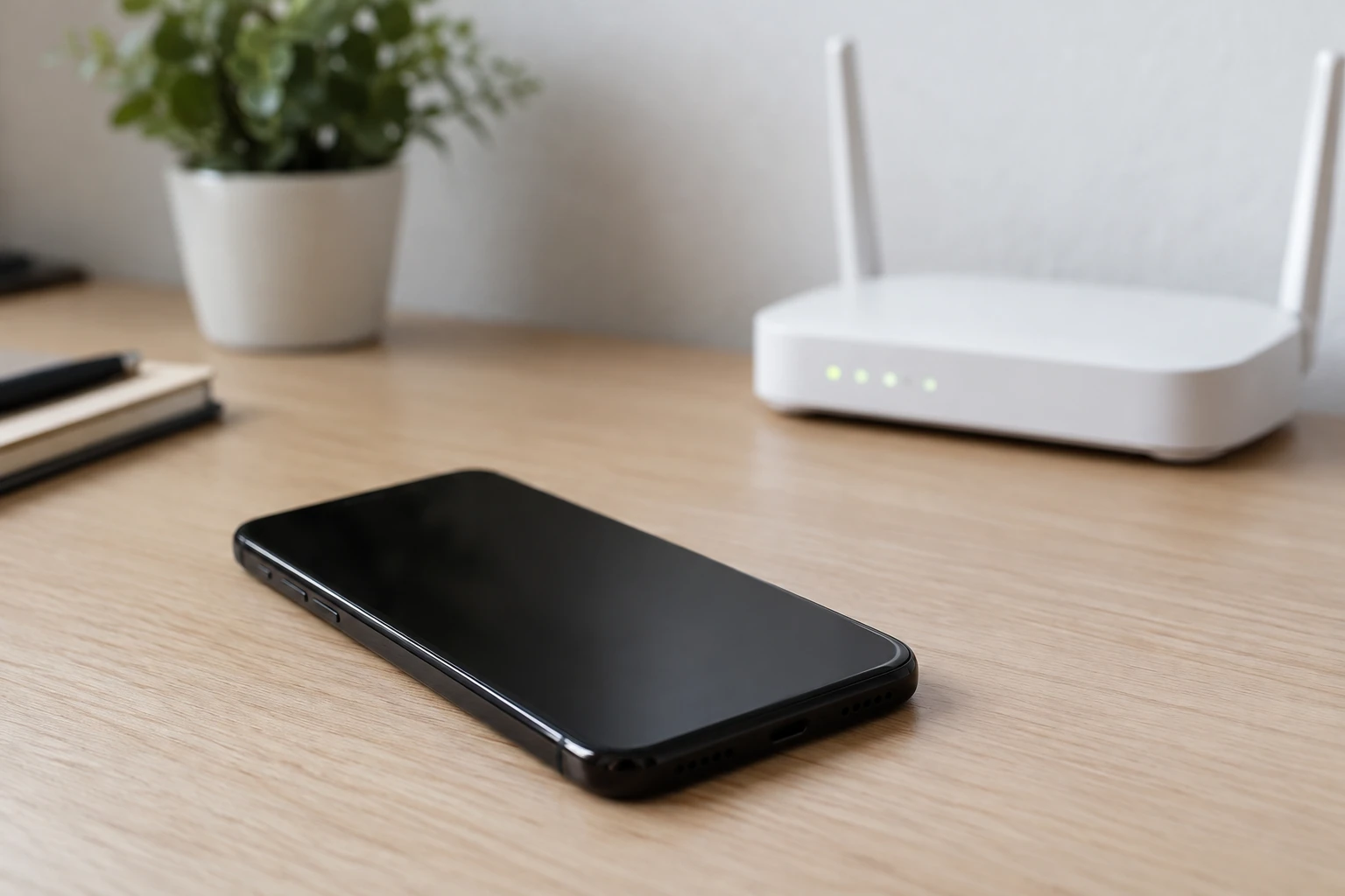 Smartphone noir posé sur table en bois devant un routeur Wi‑Fi blanc allumé, plante en arrière-plan